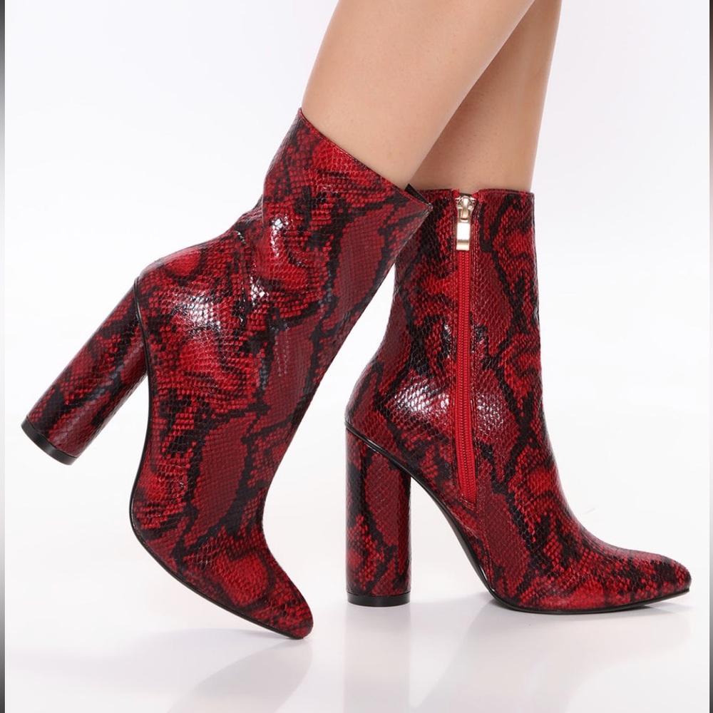 Red Snake Print Fashion Nova Booties Size US 5.5